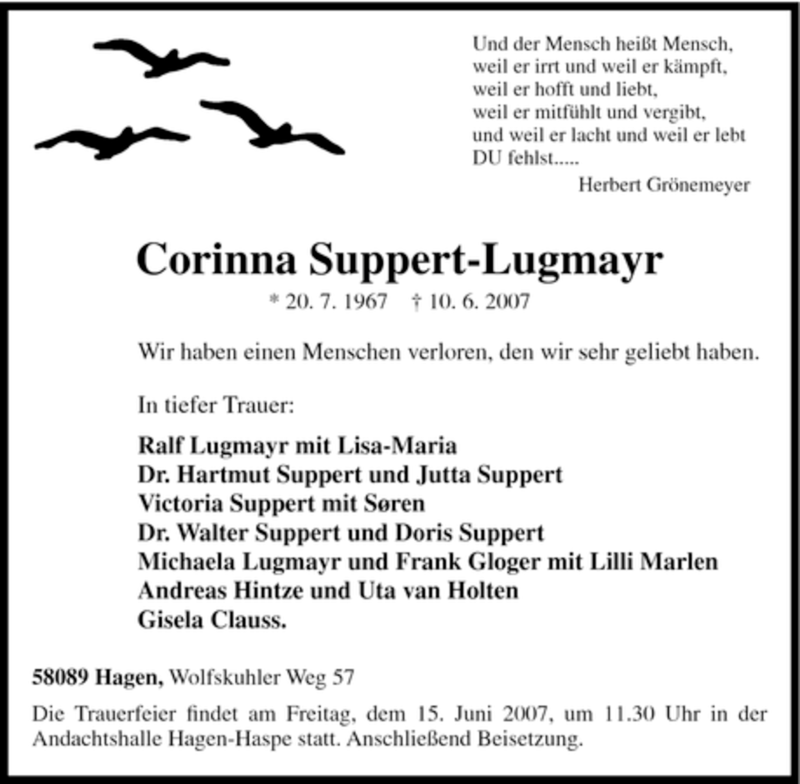  Traueranzeige für Corinna Suppert-Lugmayr vom 12.06.2007 aus Tageszeitung