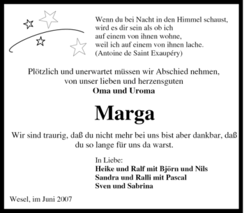 Traueranzeige von Marga Marga von Tageszeitung