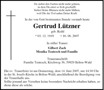 Traueranzeige von Gertrud Lützner von Tageszeitung