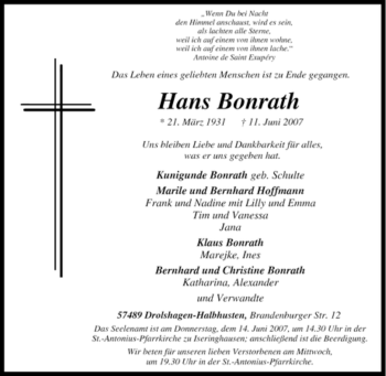 Traueranzeige von Hans Bonrath von Tageszeitung