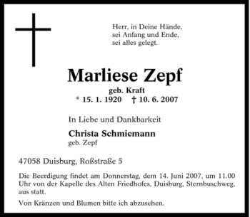 Traueranzeige von Marliese Zepf von Tageszeitung