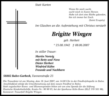 Traueranzeige von Brigitte Wingen von Tageszeitung