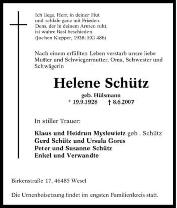 Traueranzeige von Helene Schütz von Tageszeitung