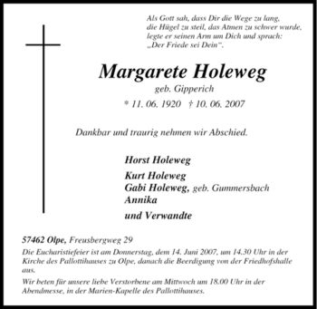 Traueranzeige von Margarete Holeweg von Tageszeitung