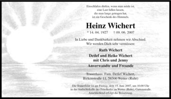Traueranzeige von Heinz Wichert von Tageszeitung