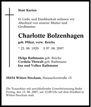 Traueranzeige von Charlotte Bolzenhagen von Tageszeitung