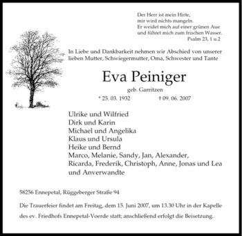 Traueranzeige von Eva Peiniger von Tageszeitung