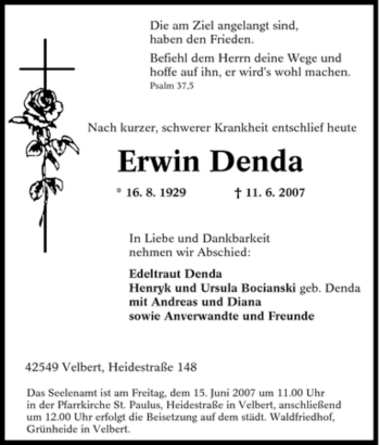 Traueranzeige von Erwin Denda von Tageszeitung