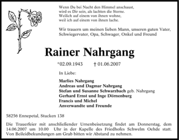 Traueranzeige von Rainer Nahrgang von Tageszeitung