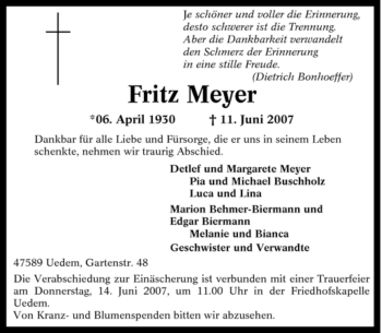 Traueranzeige von Fritz Meyer von Tageszeitung