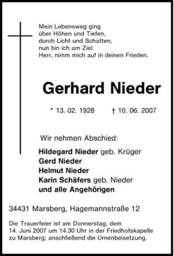 Traueranzeige von Gerhard Nieder von Tageszeitung