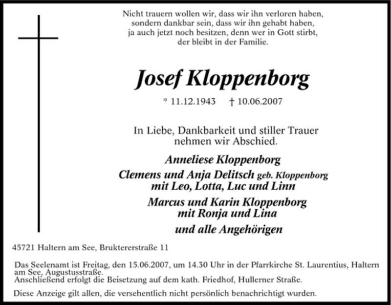  Traueranzeige für Josef Kloppenborg vom 12.06.2007 aus Tageszeitung