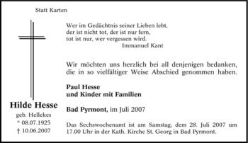 Traueranzeige von Hilde Hesse von Tageszeitung