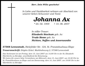 Traueranzeige von Johanna Ax von Tageszeitung