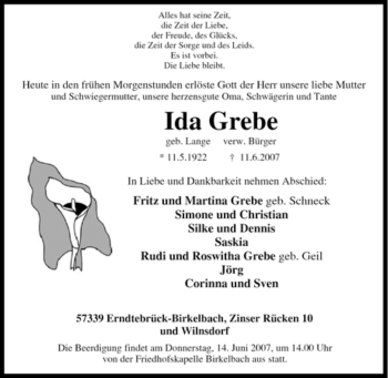 Traueranzeige von Ida Grebe von Tageszeitung