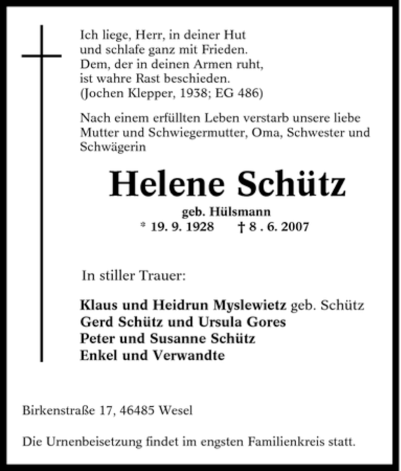  Traueranzeige für Helene Schütz vom 12.06.2007 aus Tageszeitung