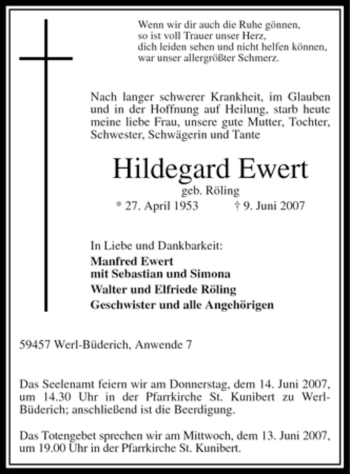 Traueranzeige von Hildegard Ewert von Tageszeitung