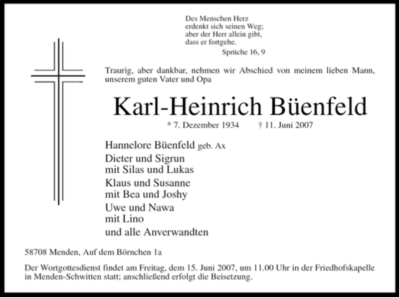  Traueranzeige für Karl-Heinrich Büenfeld vom 12.06.2007 aus Tageszeitung