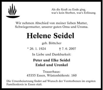 Traueranzeige von Helene Seidel von Tageszeitung