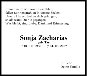 Traueranzeige von Sonja Zacharias von Tageszeitung