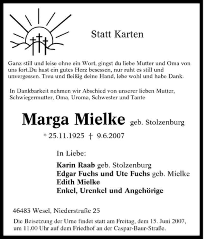  Traueranzeige für Marga Mielke vom 13.06.2007 aus Tageszeitung