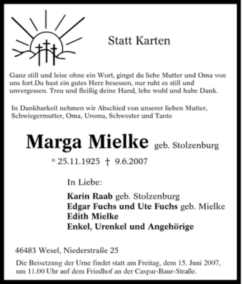 Traueranzeige von Marga Mielke von Tageszeitung