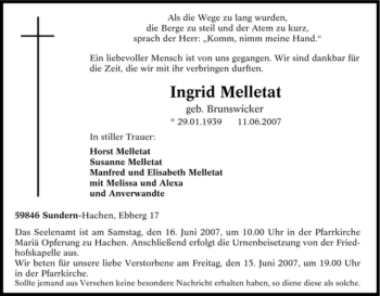 Traueranzeige von Ingrid Melletat von Tageszeitung