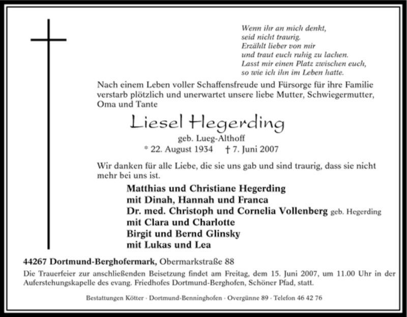 Traueranzeige für Liesel Hegerding vom 13.06.2007 aus Tageszeitung