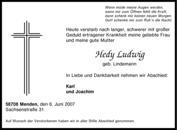 Traueranzeige von Hedy Ludwig von Tageszeitung