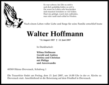 Traueranzeige von Walter Hoffmann von Tageszeitung
