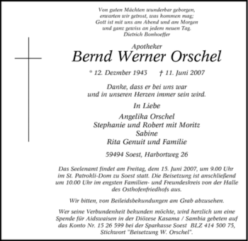 Traueranzeige von Bernd Werner Orschel von Tageszeitung