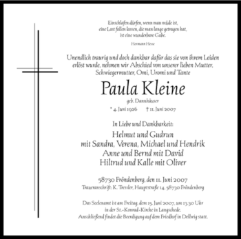 Traueranzeige von Paula Kleine von Tageszeitung