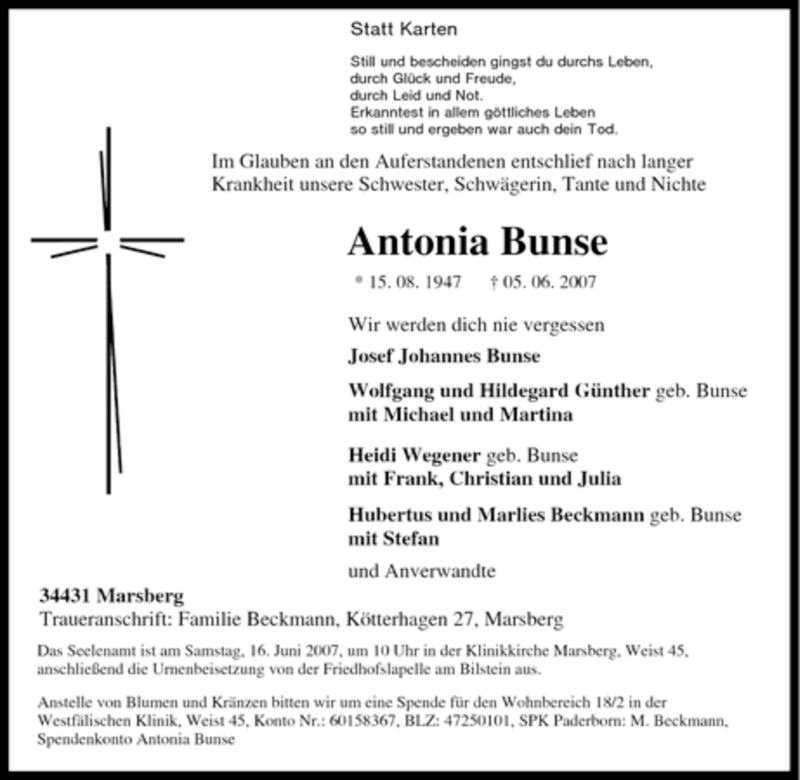  Traueranzeige für Antonia Bunse vom 13.06.2007 aus Tageszeitung