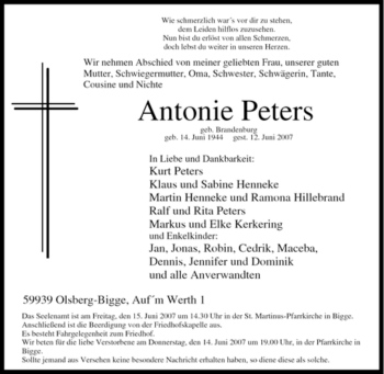 Traueranzeige von Antonie Peters von Tageszeitung