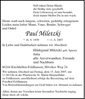 Traueranzeige von Paul Miletzki von Tageszeitung