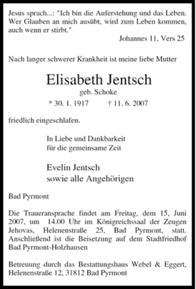  Traueranzeige für Elisabeth Jentsch vom 13.06.2007 aus Tageszeitung
