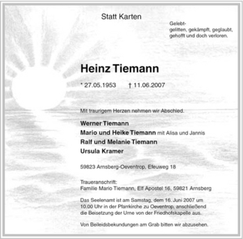 Traueranzeige von Heinz Tiemann von Tageszeitung
