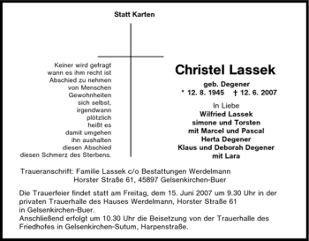 Traueranzeige von Christel Lassek von Tageszeitung