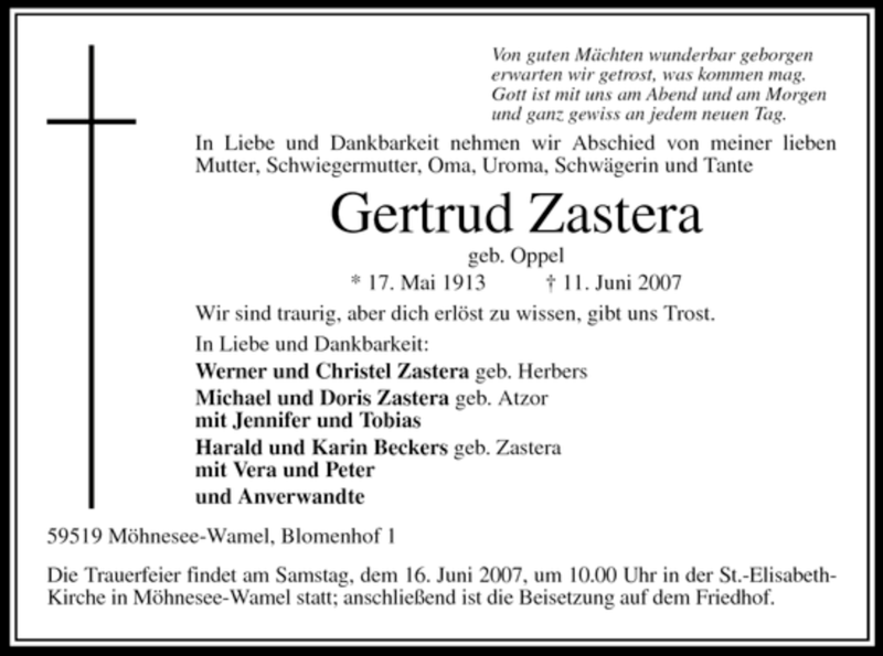  Traueranzeige für Gertrud Zastera vom 13.06.2007 aus Tageszeitung