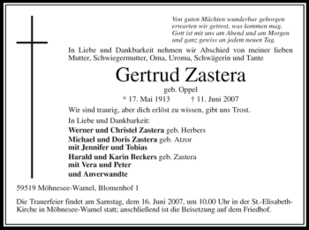 Traueranzeige von Gertrud Zastera von Tageszeitung