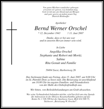Traueranzeige von Bernd Werner Orschel von Tageszeitung