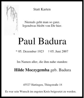 Traueranzeige von Paul Badura von Tageszeitung