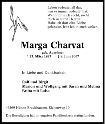 Traueranzeige von Marga Charvat von Tageszeitung