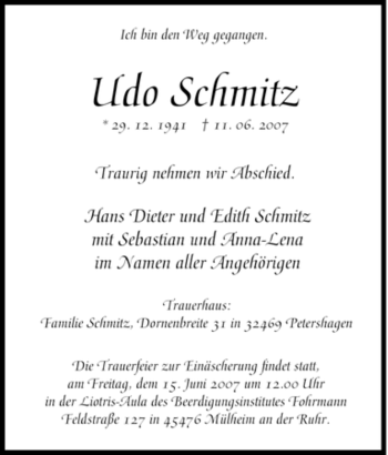 Traueranzeige von Udo Schmitz von Tageszeitung