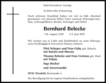 Traueranzeige von Bernhard Belecke von Tageszeitung