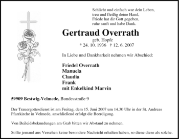 Traueranzeige von Gertraud Overrath von Tageszeitung