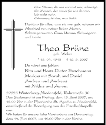 Traueranzeige von Thea Brüne von Tageszeitung