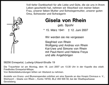 Traueranzeige von Gisela von Rhein von Tageszeitung