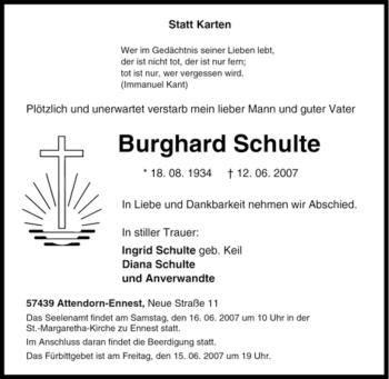 Traueranzeige von Burghard Schulte von Tageszeitung