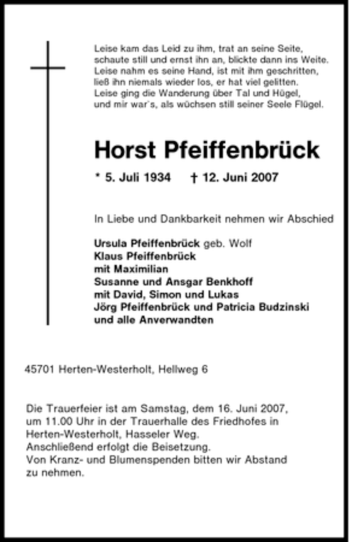 Traueranzeige von Horst Pfeiffenbrück von Tageszeitung